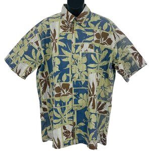 Kalaheo Hawaiian Aloha Shirt Medium Blue Brown Floral Short Sleeve Button Up EUC